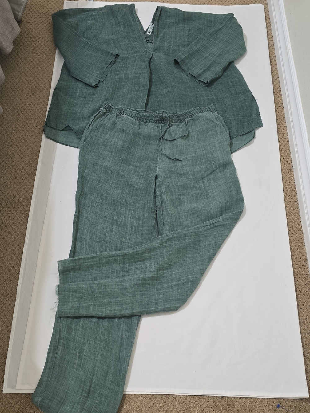 Zara Linen-Blend Relaxed Drawstring 2 Piece Set in Teal Green L‎
